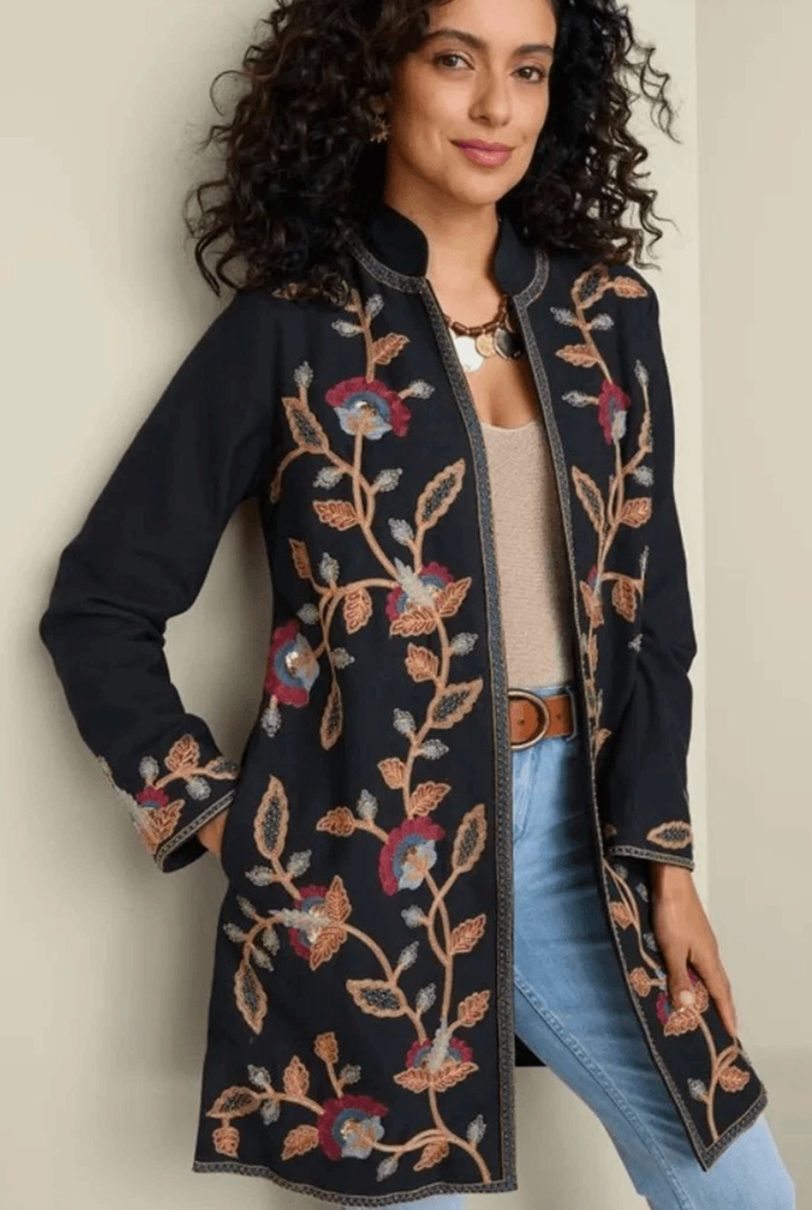 NWT SOFT SURROUNDINGS BLACK ALAMOSA EMBROIDERED BEADED BOHO JACKET SZ M